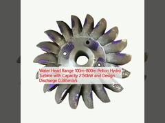 Waterhoofdbereik 100m-800m Pelton-waterturbine met een vermogen van 2150kW en ontwerptekst 0,385m3/s